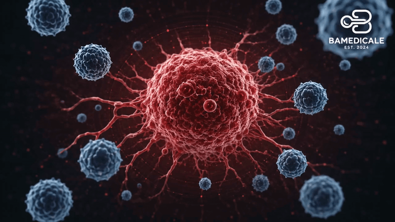 Animated cellular visualization representing tumor and cancer education